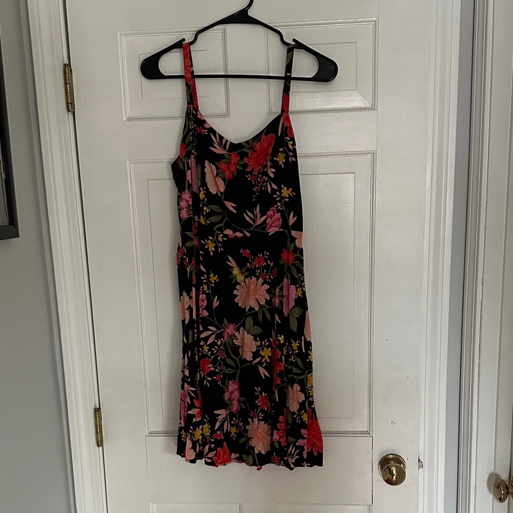 Old Navy Black Floral Midi Dress with Pink and Red Flowers
